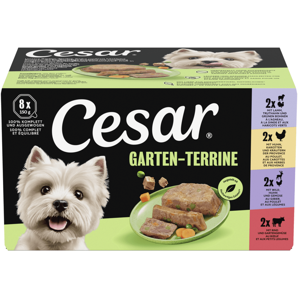 CESAR® GARTEN-TERRINE 4 Varietäten Lamm & Truthahn, Huhn, Wild & Huhn, Rind, Multipack 8 x 150g - 1