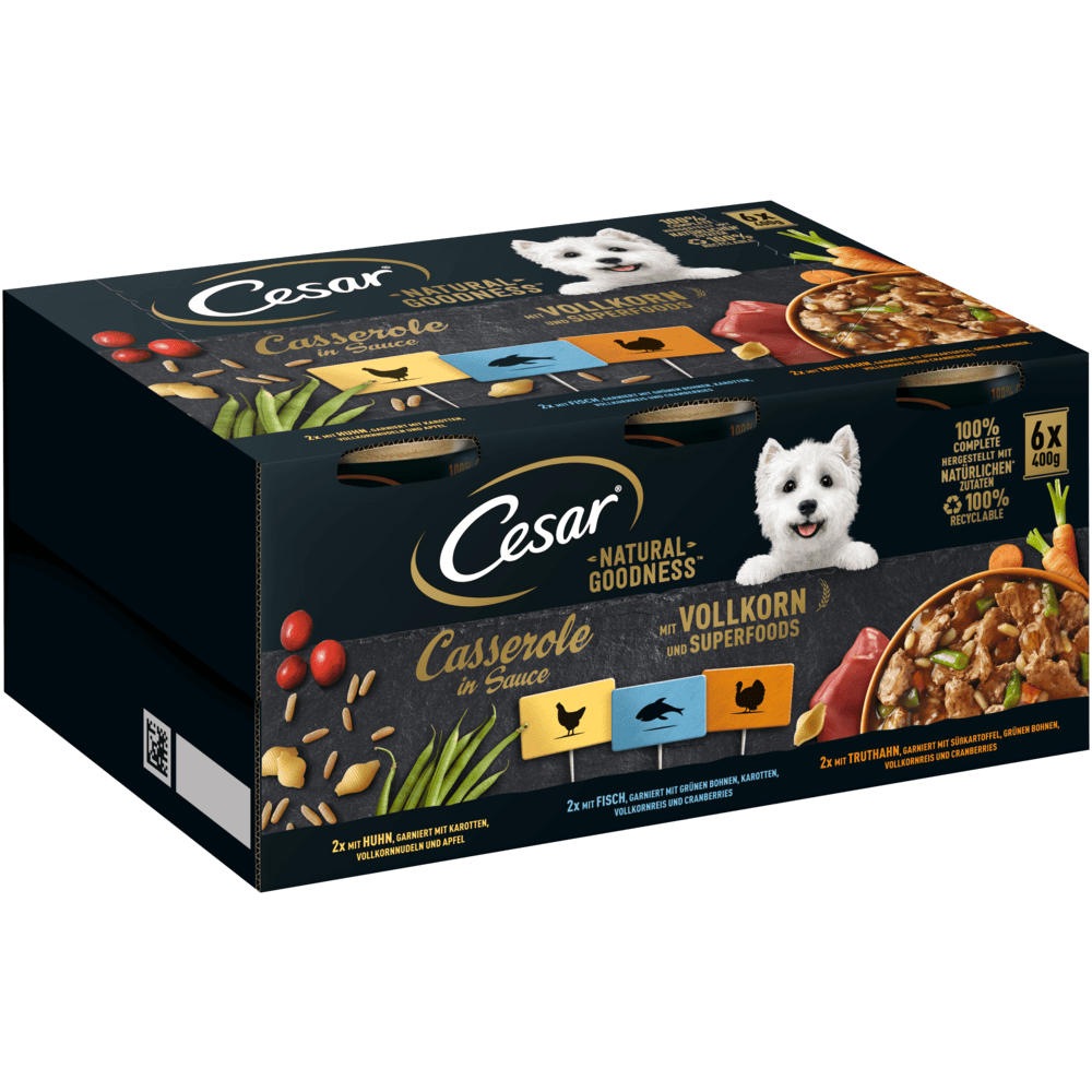 CESAR® NATURAL GOODNESS™ Casserole in Sauce mit Huhn, Fisch, Truthahn, mit Vollkorn & Superfoods, Multipack 6 x 400g - 1
