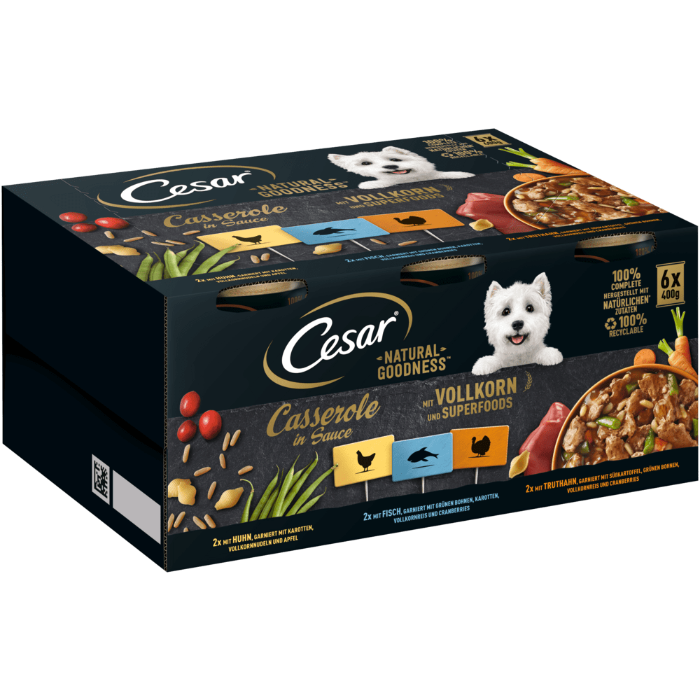 CESAR® NATURAL GOODNESS™ Casserole in Sauce mit Huhn, mit Fisch, mit Truthahn, mit Vollkorn, mit Superfoods,  Dose 6x400g - 1