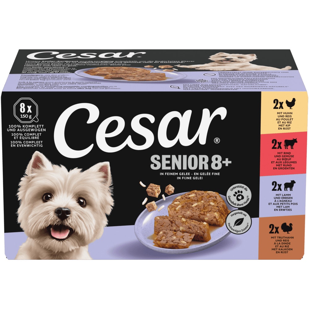 CESAR® Senior 8+ 4 Varietäten Huhn & Reis, Lamm & Erbsen,Rind & Gemüse, Truthahn & Reis in Gelee, 8 x 150g - 1
