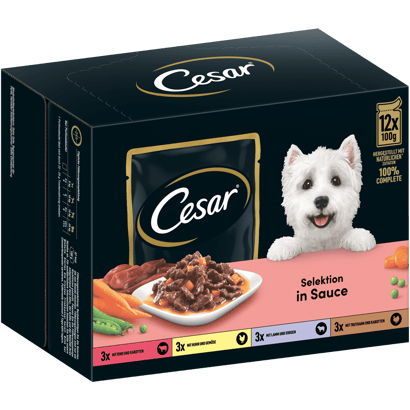 CESAR® Selektion in Sauce, 4 Varietäten, Portionsbeutel 12 & 24 x 100g